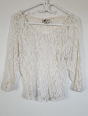 AKIRA Cream Lace Scoop Neck Long Sleeve Top